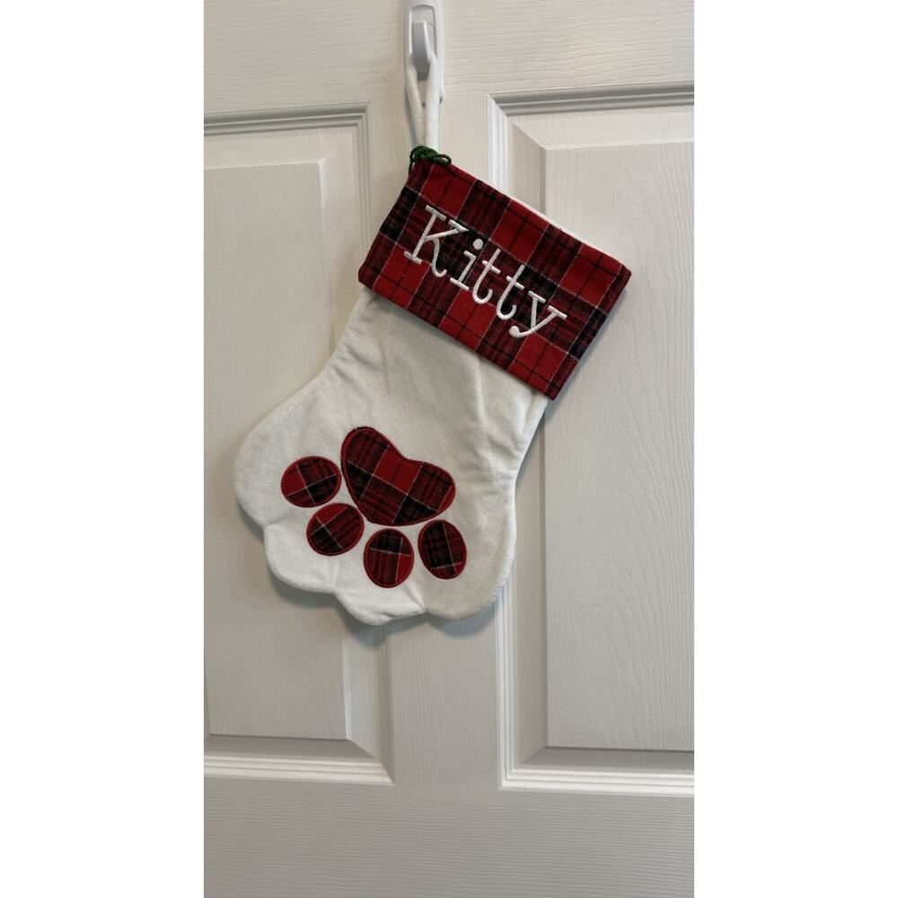 Christmas Kitty Stocking Red Plaid Paw Appliqué On White Felt 14.5” H X 10.5” W